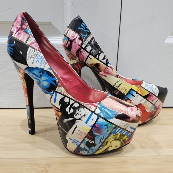 Liliana Shoes - Unique Liliana Magazine Vogue Multi Color Print Platform High Heels Pumps Shoe 9